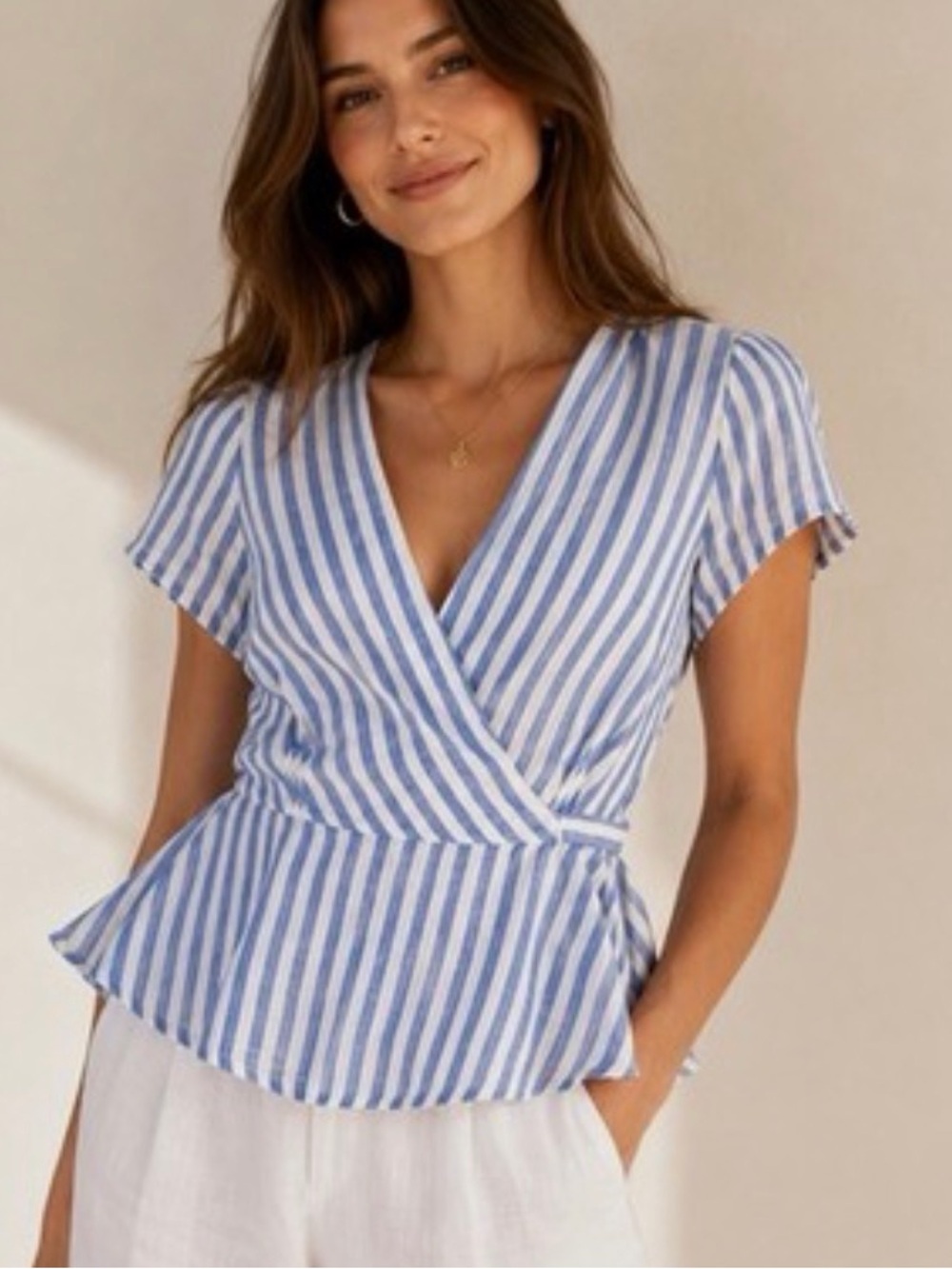 Ralph Lauren Polo Linen Wrapped Top Striped Blue Wrap Peplum Top - Women XL